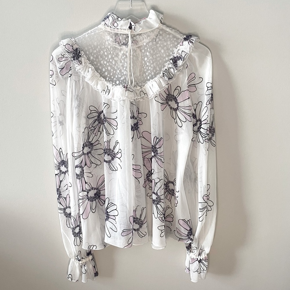 Giamba white purple floral ruffle sheer bell sleeve baby doll blouse M